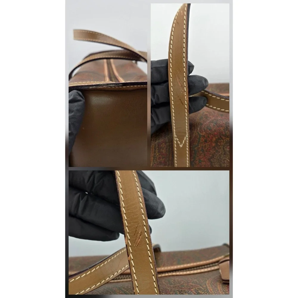 Etro Milano Paisley Print Barrel Bag Brown Leather Trim Vintage Cylinder Satchel